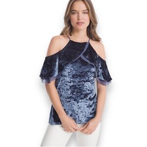 NEW White House Black Market Short Sleeve Cold Shoulder Velvet Flounce Top XS